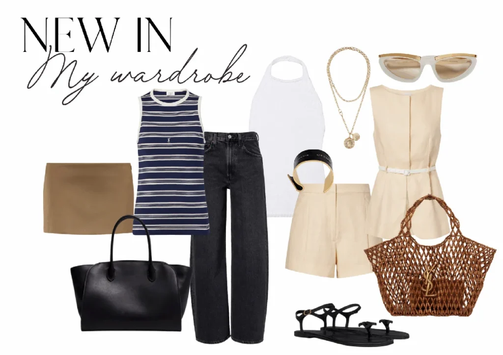 Neutral spring wardrobe flat lay with Celine sandals