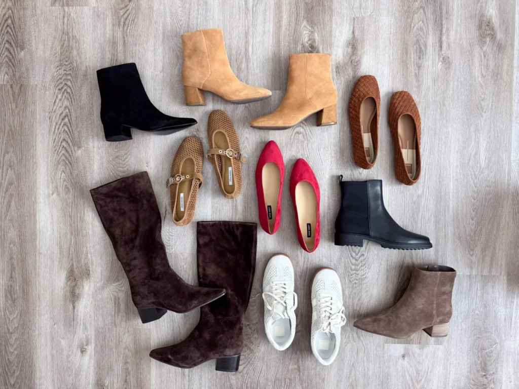 Flat lay of boots, sneakers, and flats from the Nordstrom Anniversary Sale