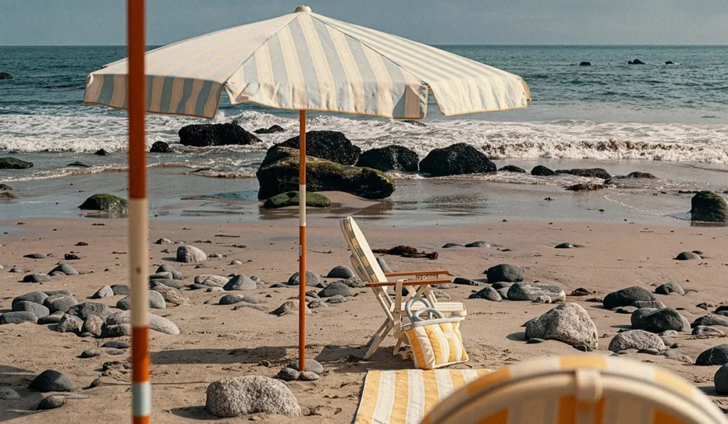 Beach scene with striped parasol and chair on rocky shoreline