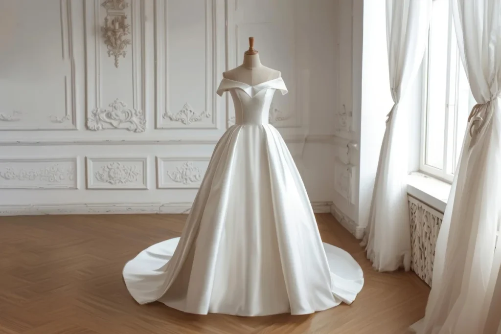 White satin wedding gown on a mannequin in an elegant room