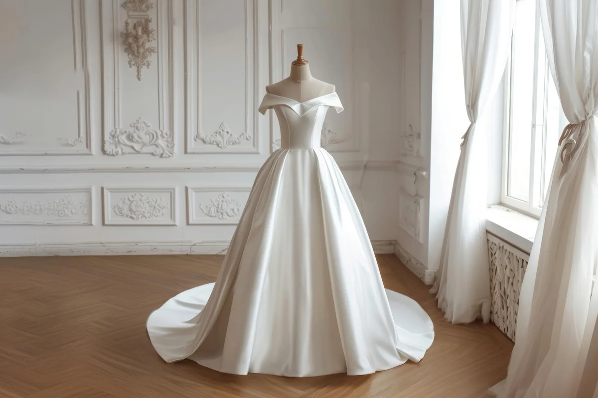 White satin wedding gown on a mannequin in an elegant room