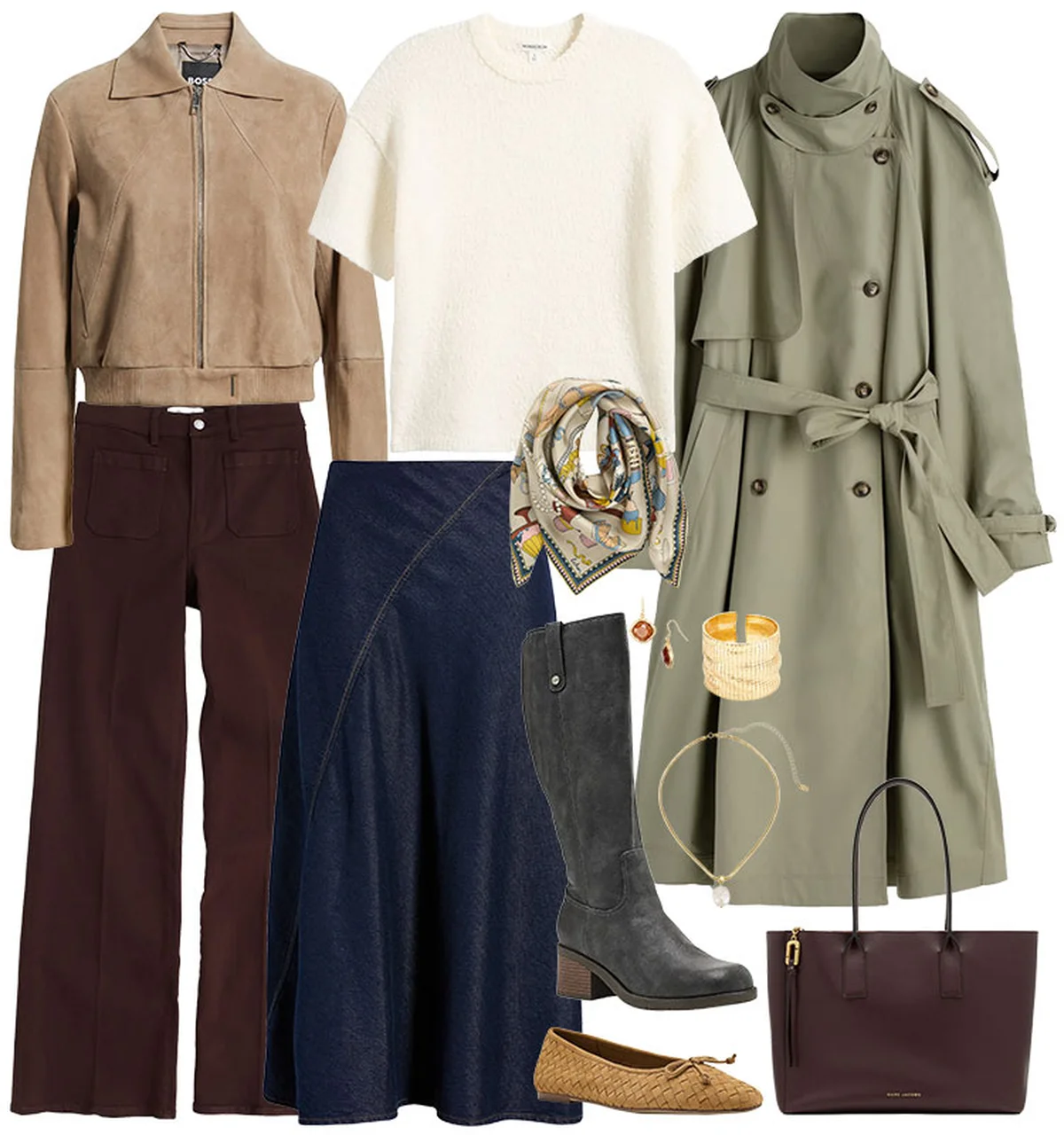 Flat lay of fall transitional clothing and accessories