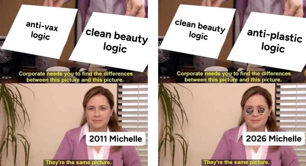 Meme comparing plastic-free claims to clean beauty pseudoscience