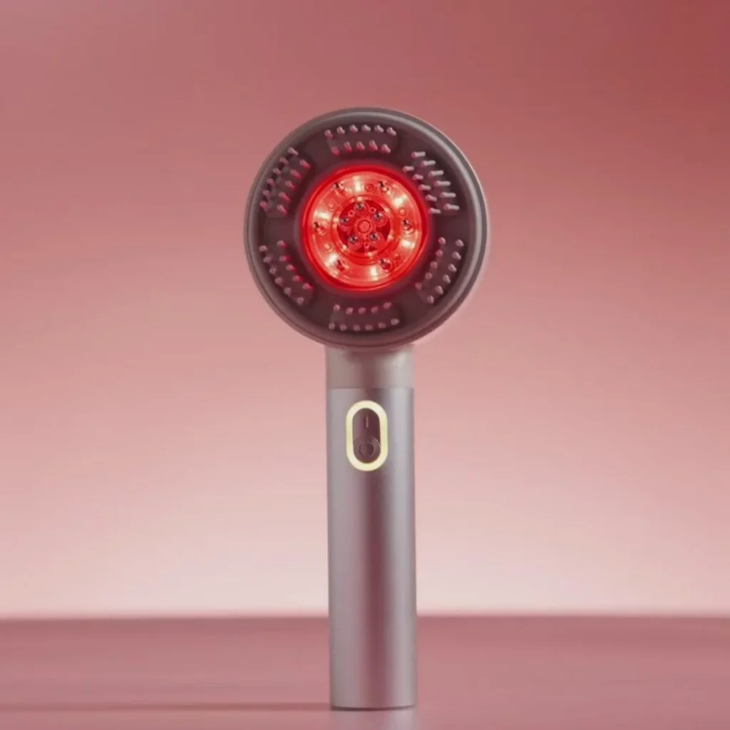Close-up of healthy scalp with red light therapy device