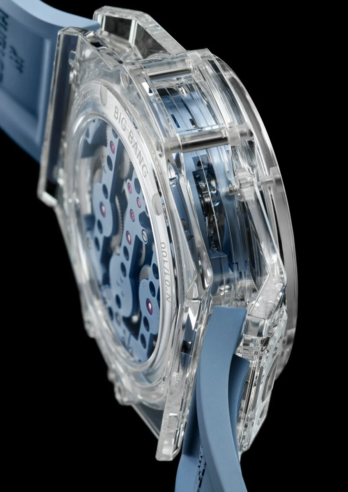 Sky-blue Meca-10 movement visible through clear sapphire case