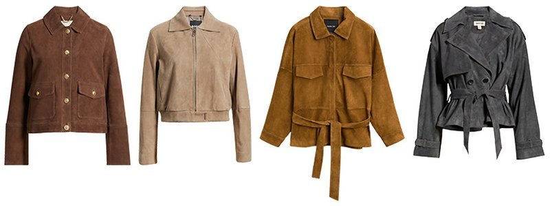 Four suede jackets in warm neutral tones lined up