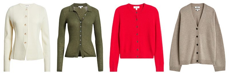 Four fine-gauge cardigans in muted fall colors