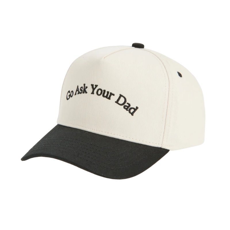 White baseball cap with black brim reading Go Ask Your Dad