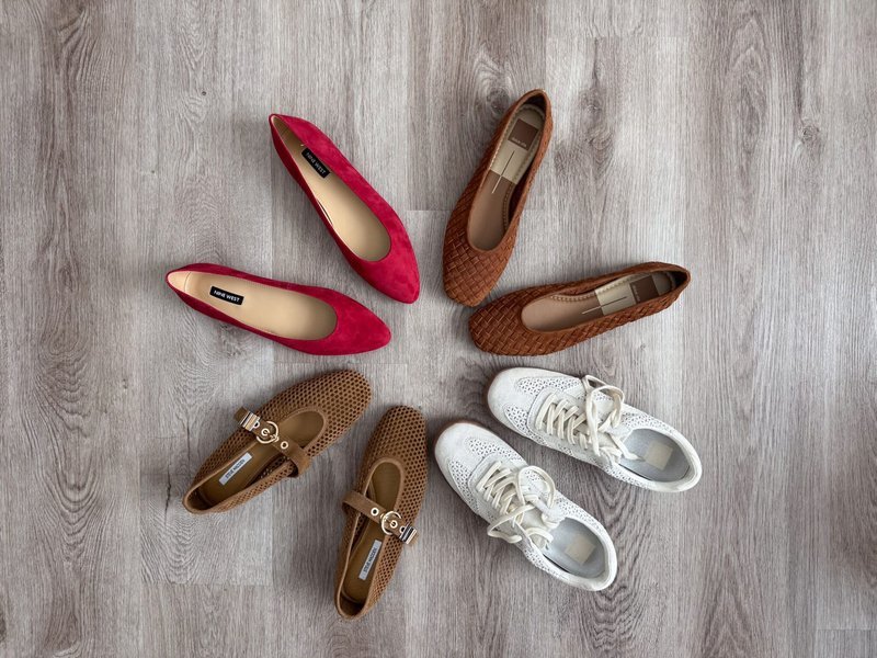 Perforated sneakers and pointed toe flats in neutral colors