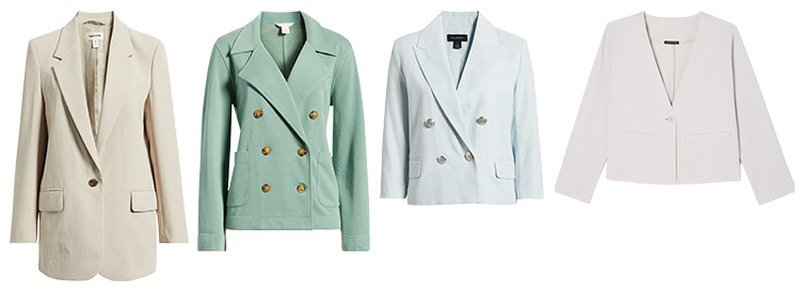 Four lightweight blazers in cream, olive, and navy