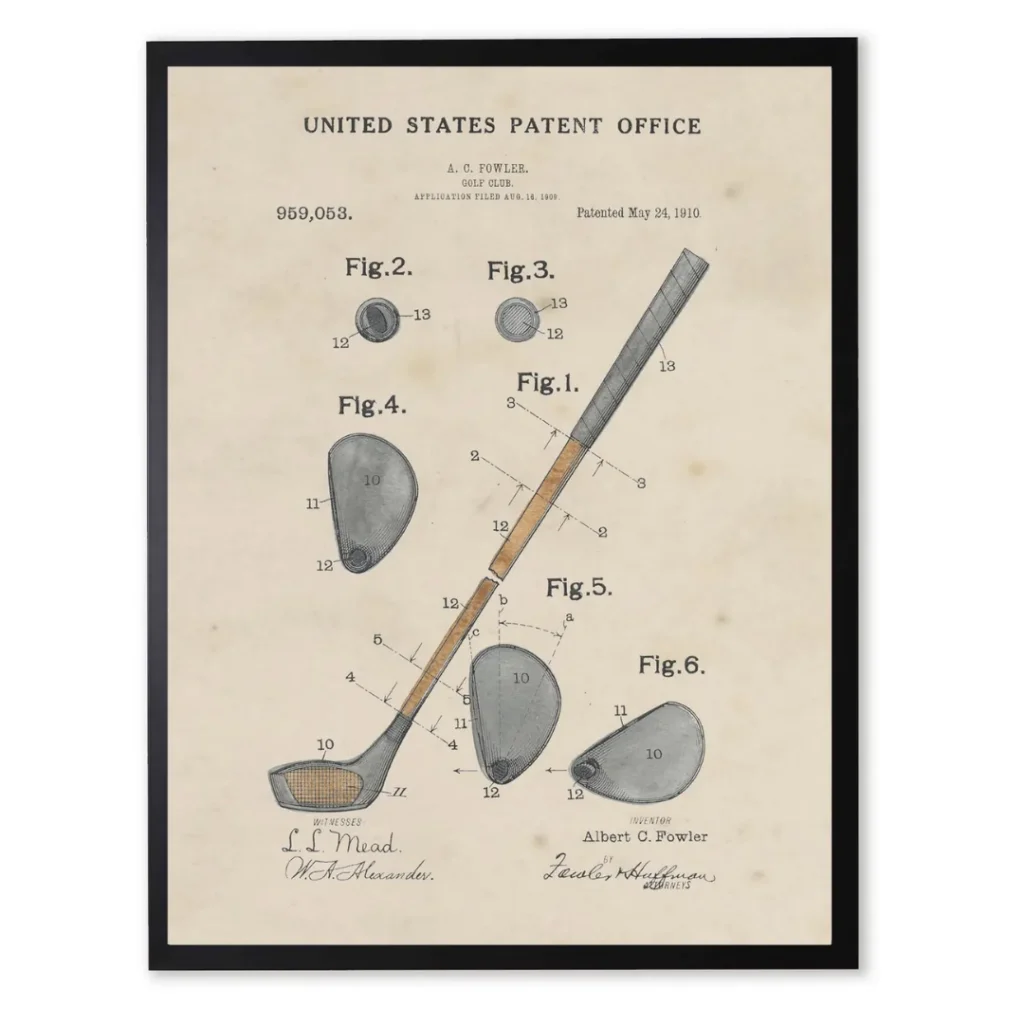 Framed vintage US patent office drawing of a golf club