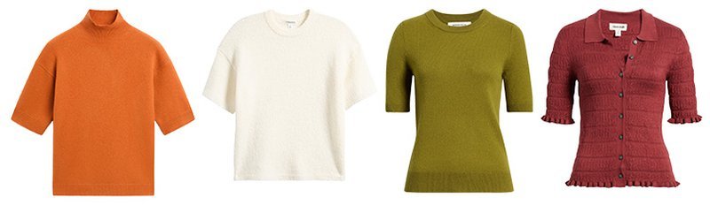 Four short-sleeve knit sweaters in rich seasonal shades