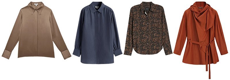 Four silk tops and a trench in warm colors