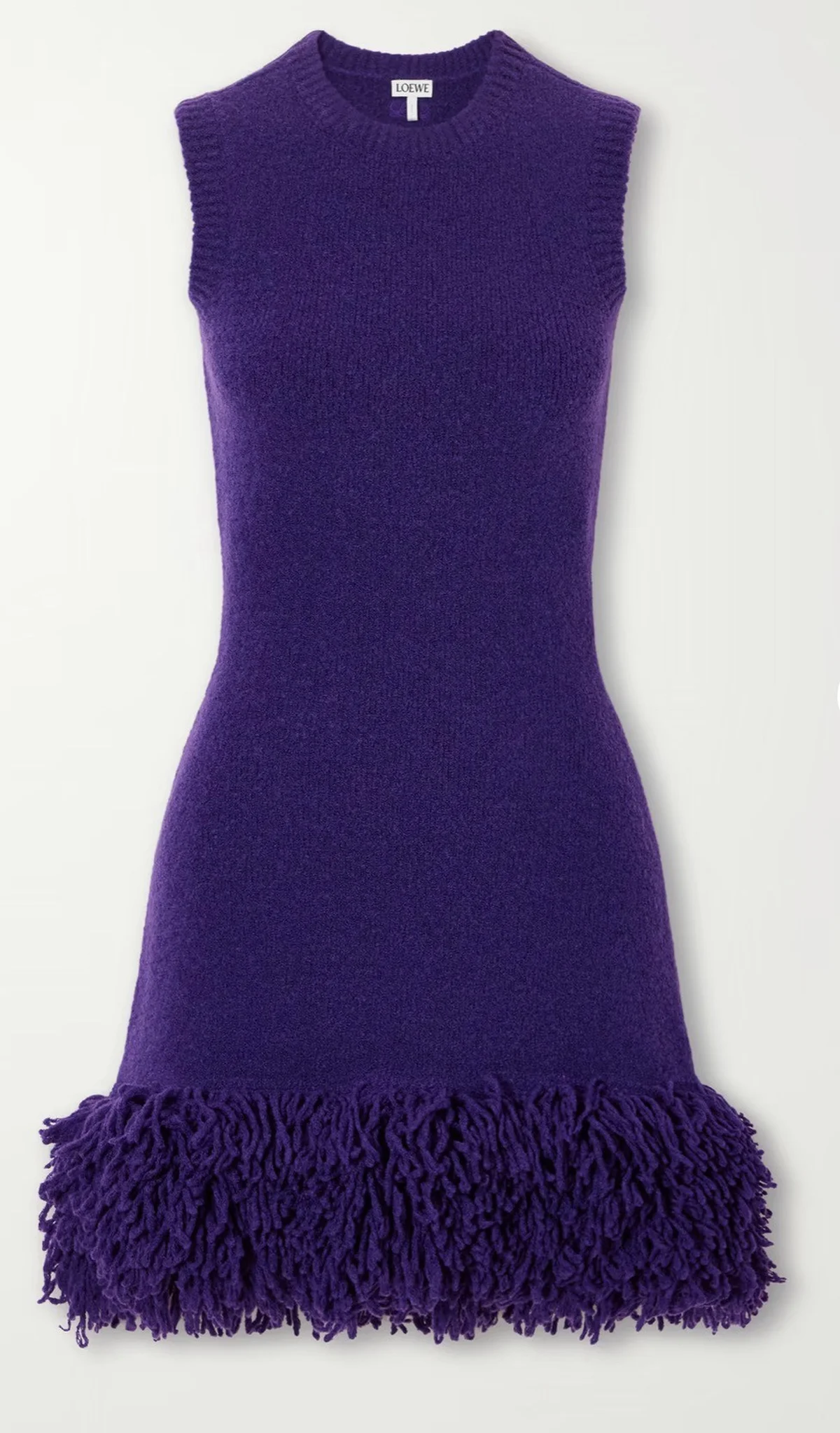 Deep purple sleeveless knit dress with fringed hem by Loewe