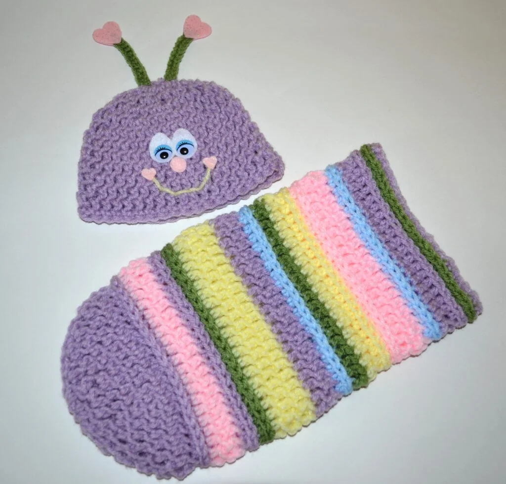 Finished love bug crochet hat and striped cocoon photo prop