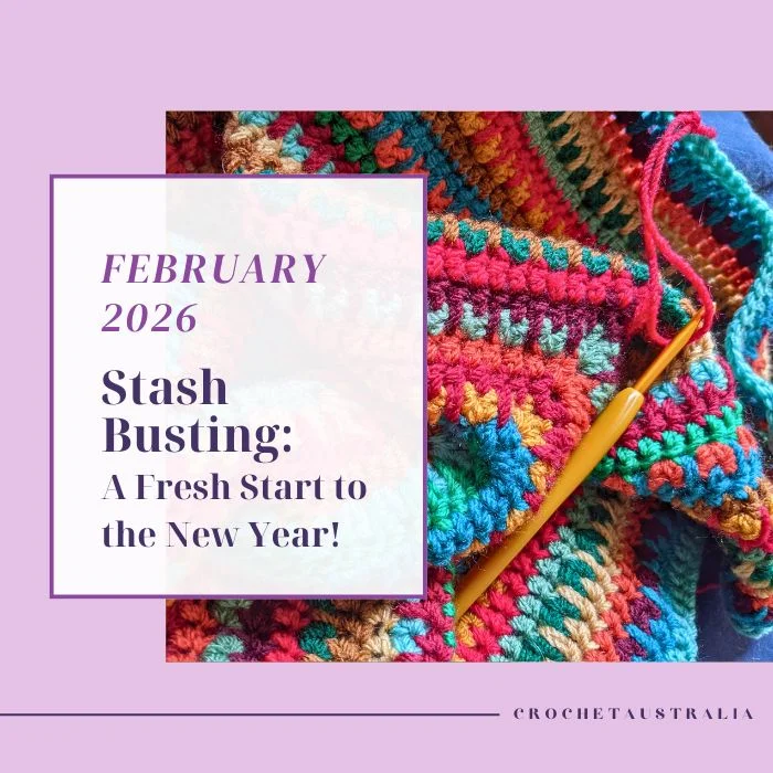 Colorful crocheted project in progress with a wooden hook