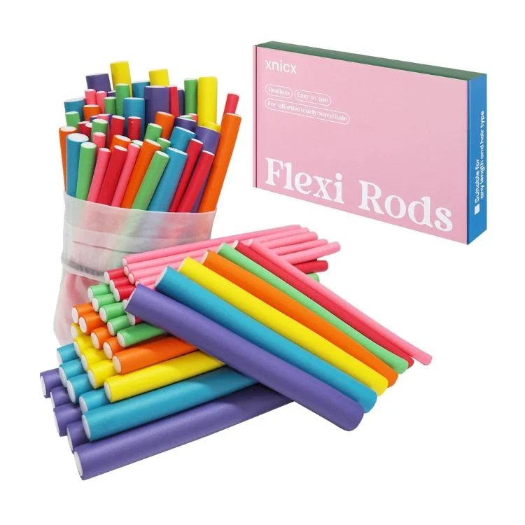 Colorful flexi rods beside their pink product box