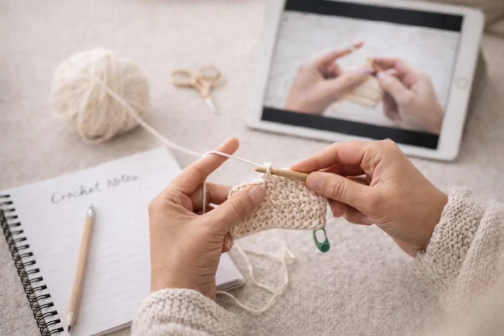 Cozy crafting setup with hands crocheting beside a tutorial screen