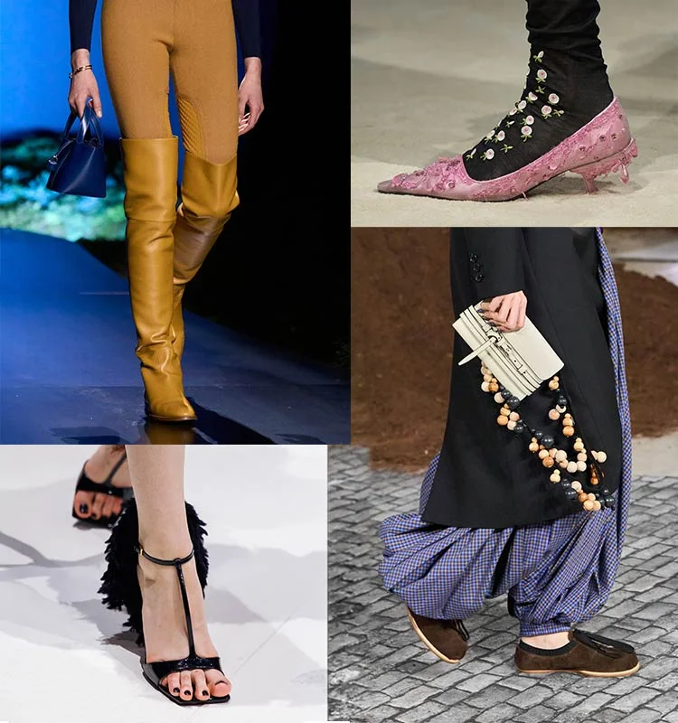 Runway collage of boots, heels, and trousers from fall 2026 shows