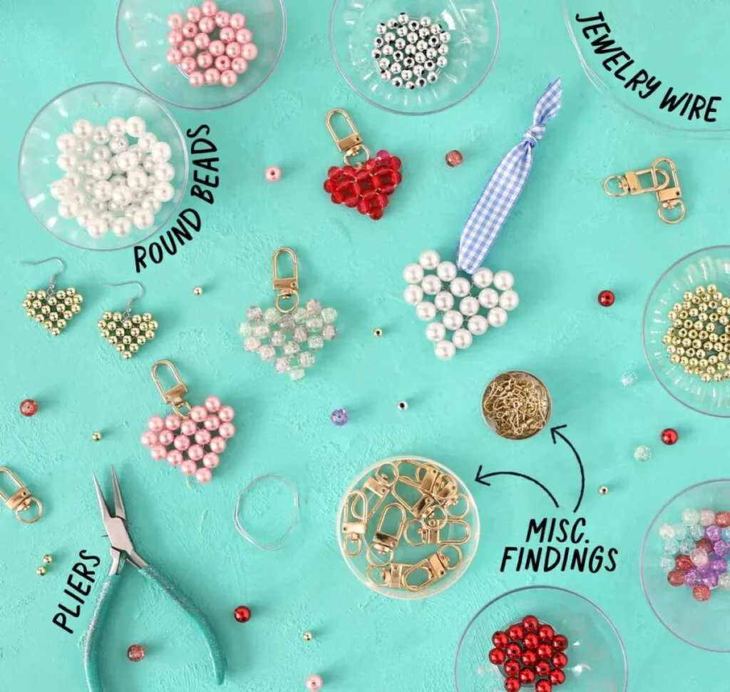 Bead, wire, pliers and jewelry findings laid out for the craft