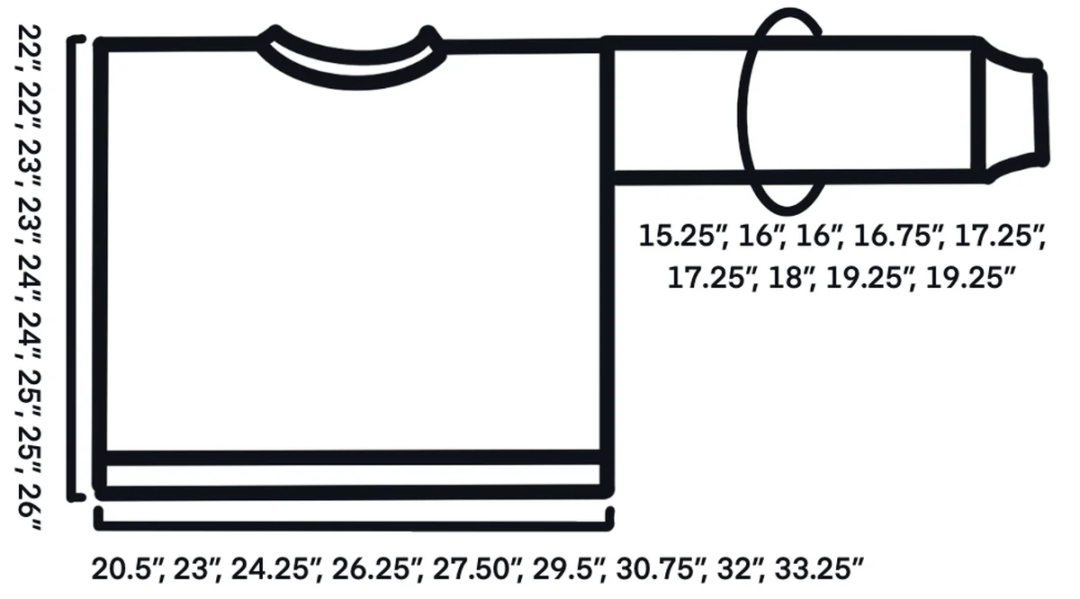 Garment measurements schematic for the pullover in nine sizes