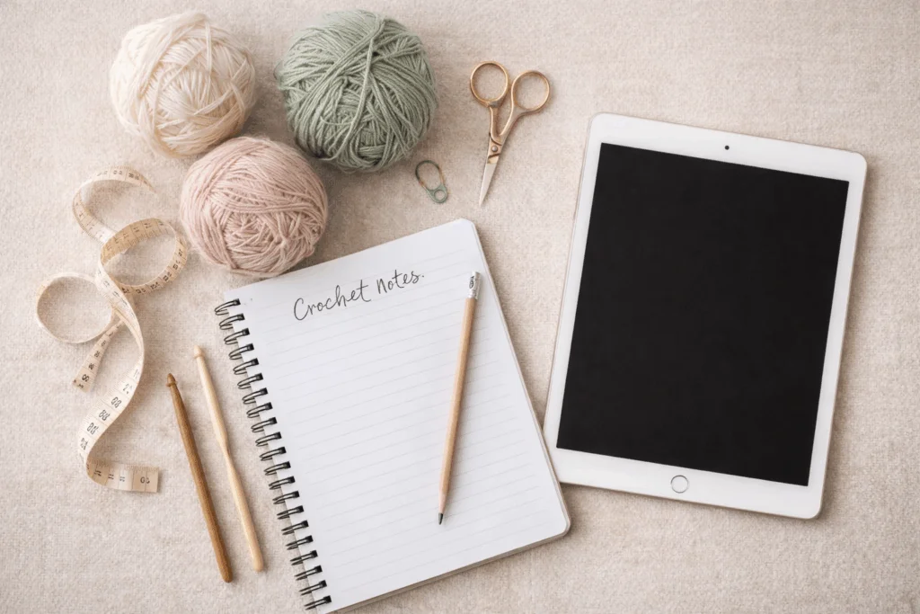 Flat-lay of crochet supplies with yarn, hooks, notebook, and tablet