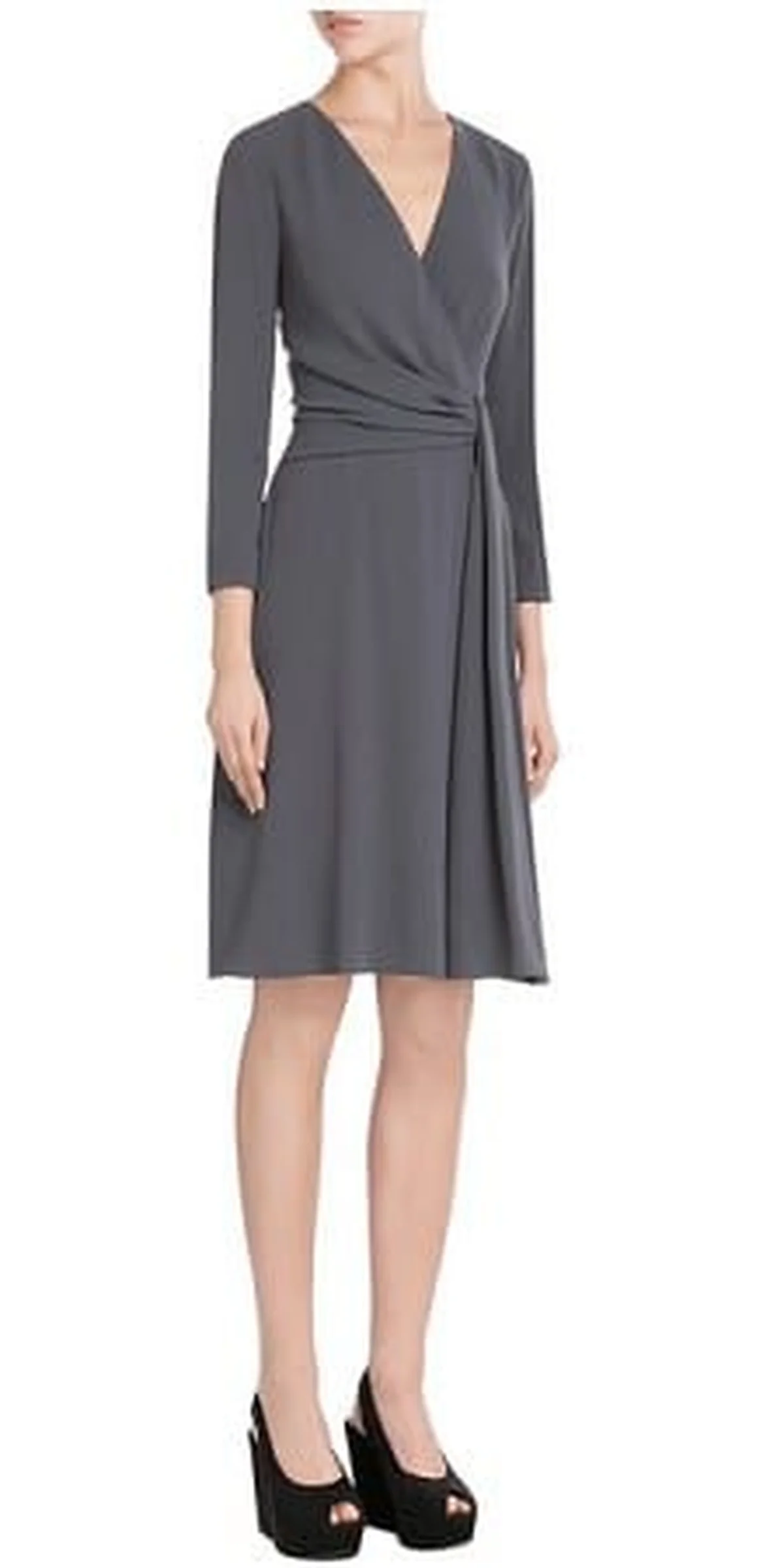 Charcoal wrap dress with three-quarter sleeves and platform heels