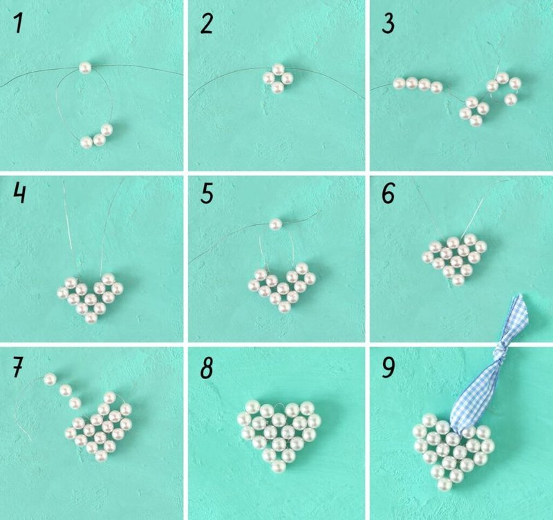 Nine-panel photo guide showing each step of the beaded heart
