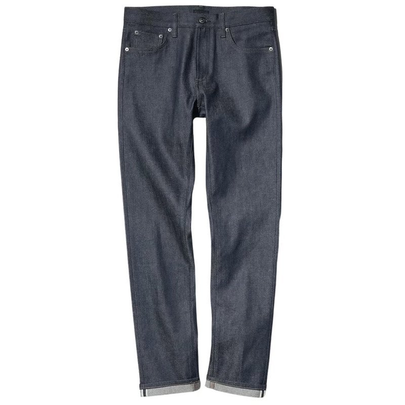 Dark-wash slim-fit jeans with cuffed selvedge hems