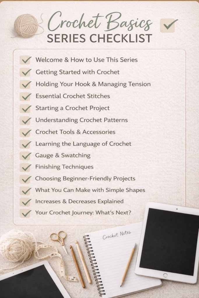 Series checklist graphic listing the crochet basics lesson topics