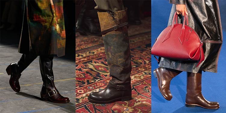 Runway styling of sleek black and brown riding boots