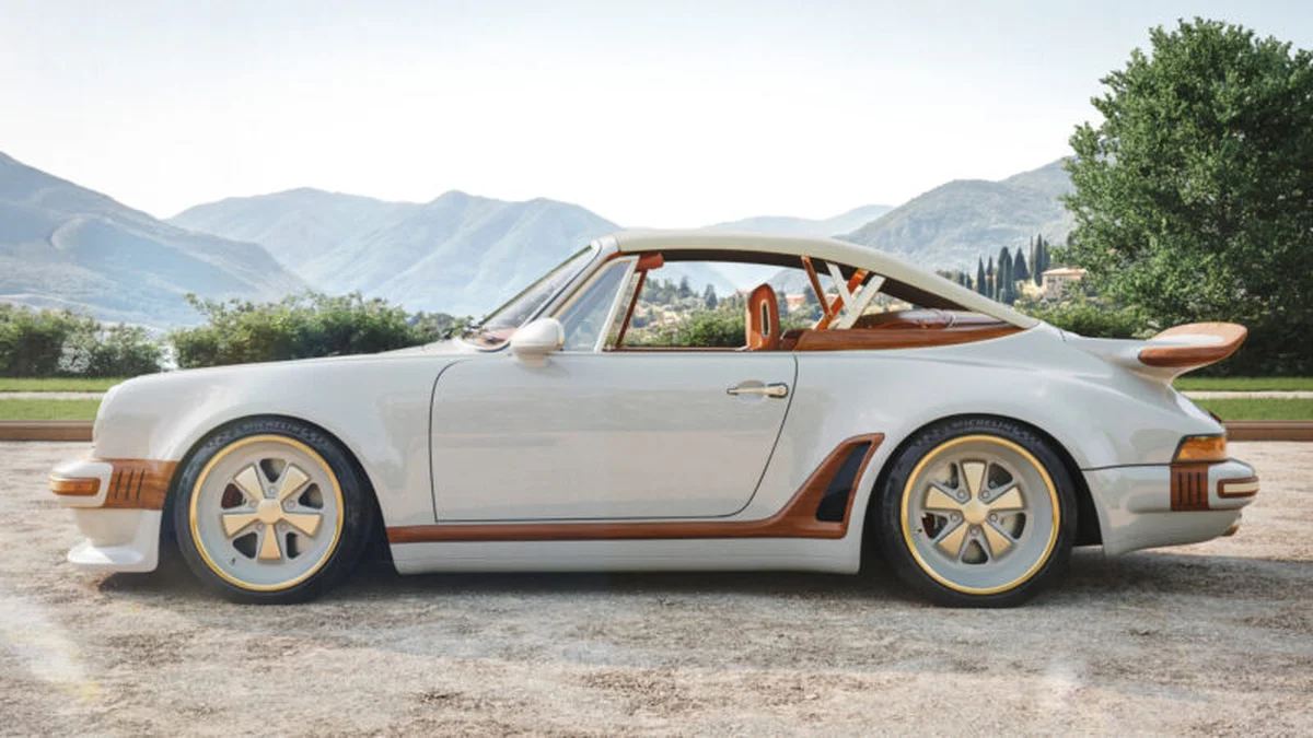 White Singer Porsche 911 Turbo cabriolet with wood accents
