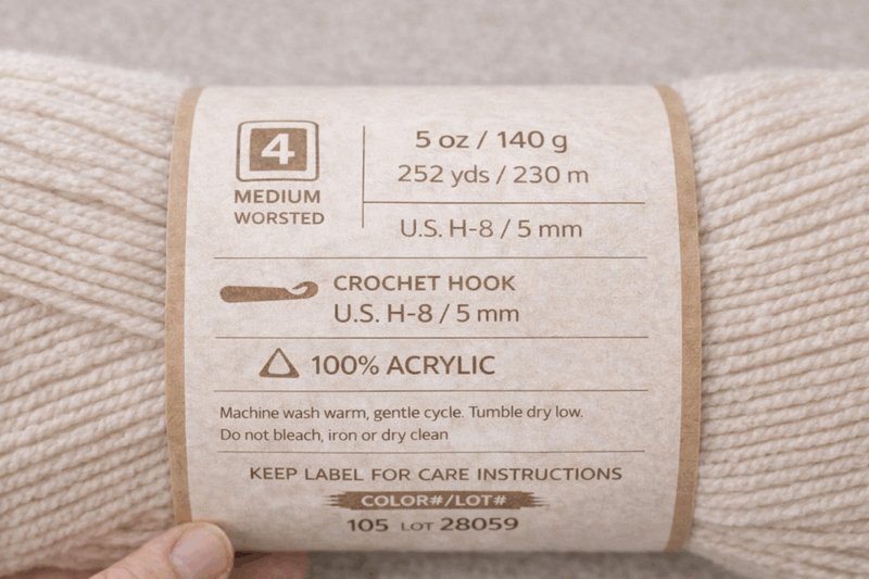 Close-up of a yarn label showing weight and hook size