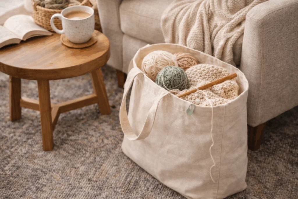 Crochet tote bag with yarn and supplies on a rug