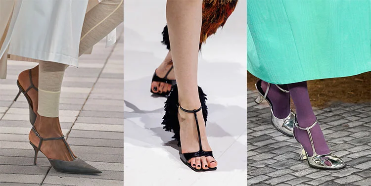 Models wearing elegant T-strap heels on the runway