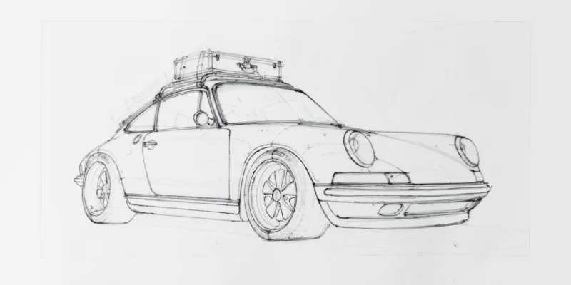 Pencil sketch of a vintage car with a suitcase on its roof