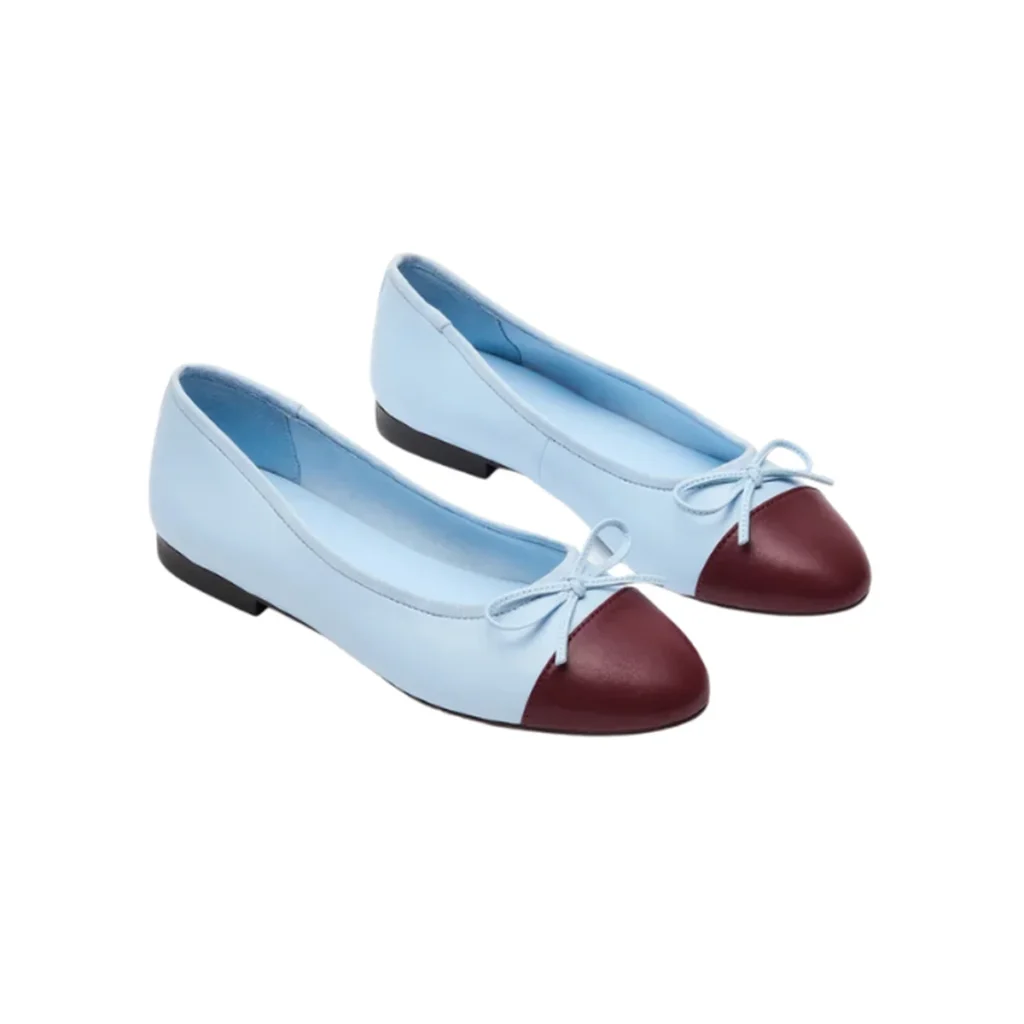 Burgundy and ice blue ballet flats with small bows