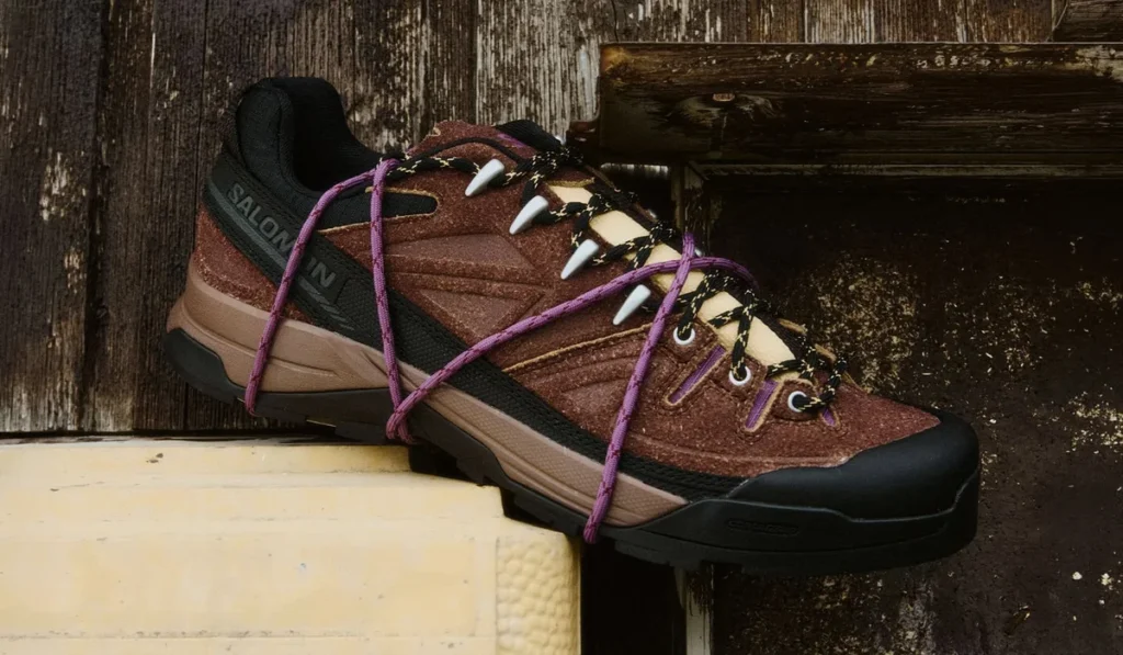 Salomon X-ALP technical approach sneaker on weathered wood