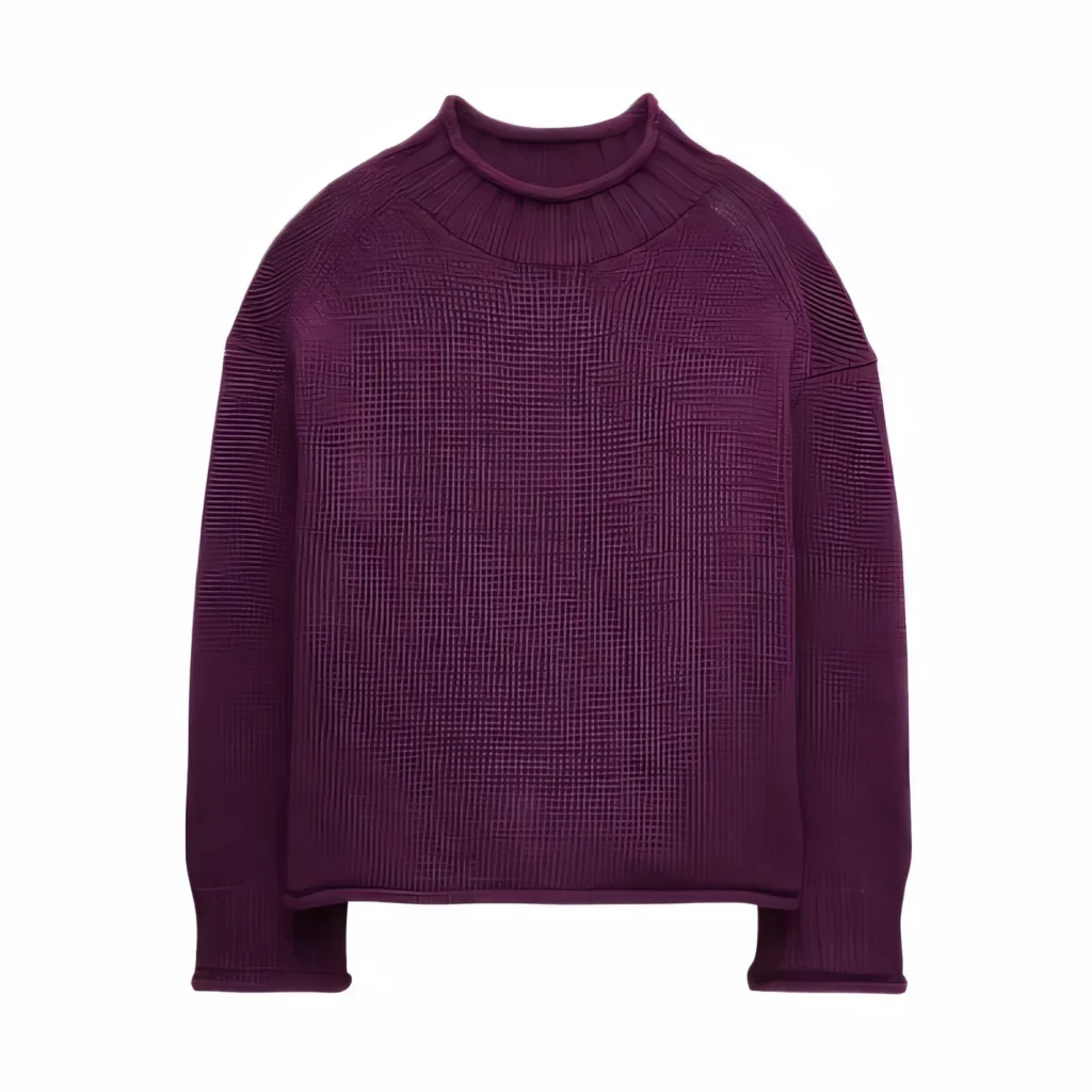 Deep berry ribbed rollneck sweater, the garden-tone palette of the film