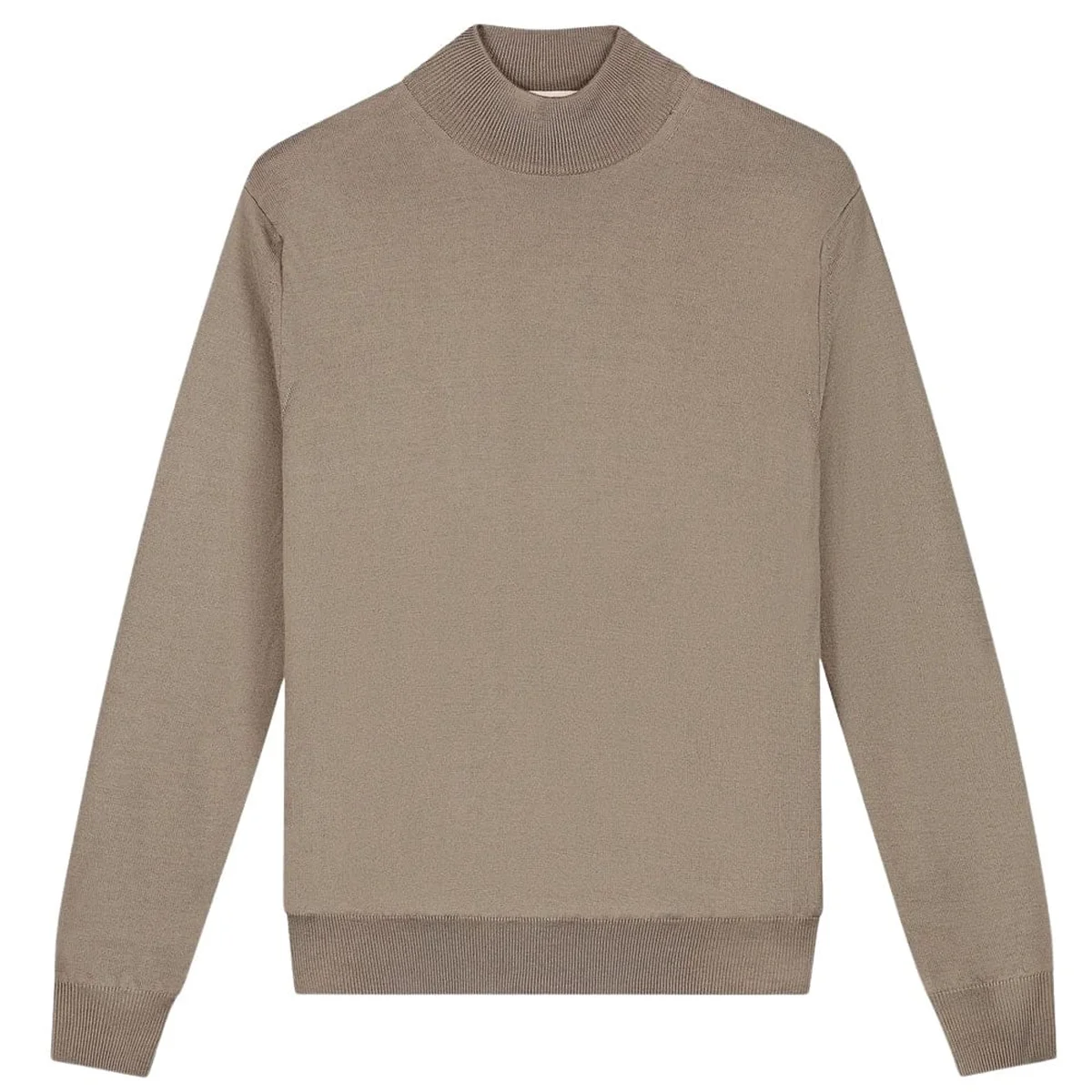 Beige mock-neck sweater laid flat with ribbed cuffs