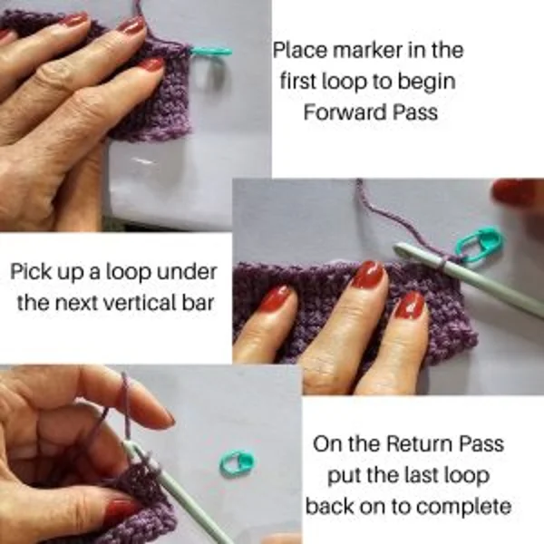 Four-step demo of moving the first loop onto a stitch marker
