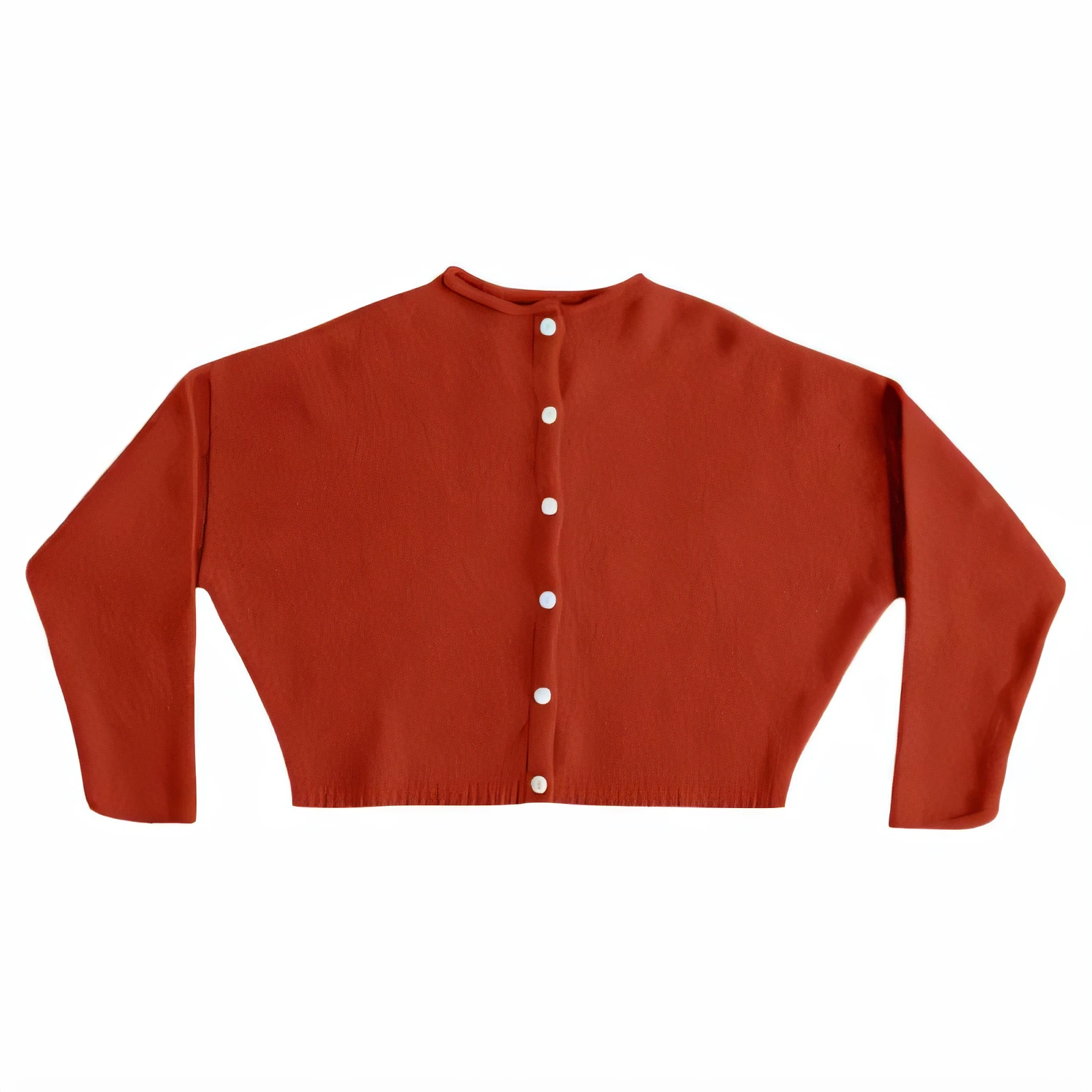 Rust-red brushed oversized cardigan with white buttons on a white background