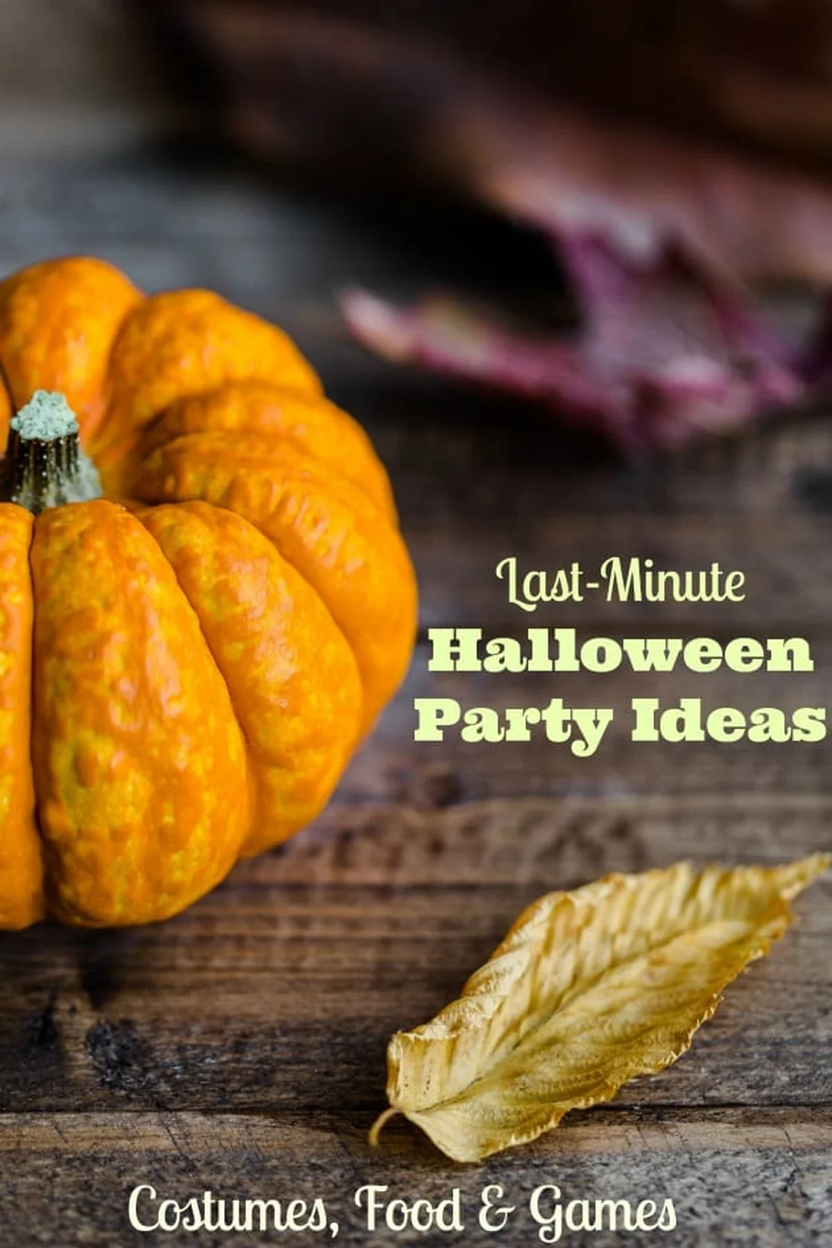 Halloween party header graphic with pumpkin and dried leaf
