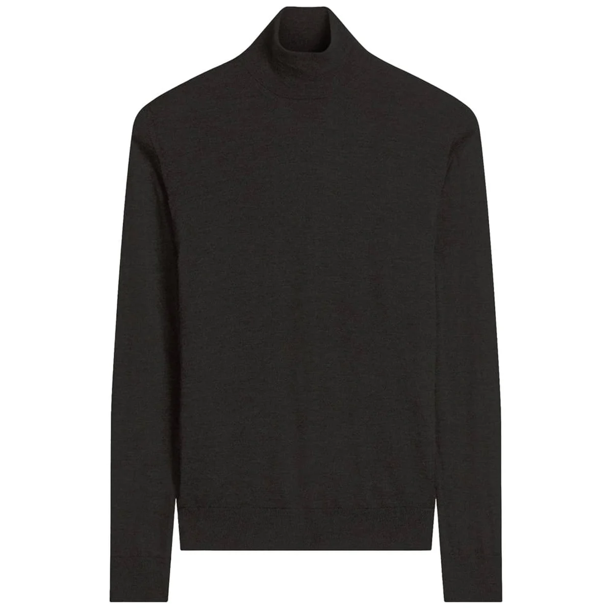 Black turtleneck sweater with ribbed hem on neutral background