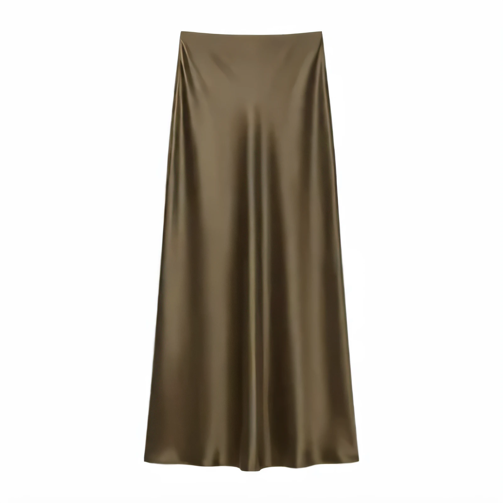 Olive green satin bias-cut midi skirt with a smooth drape