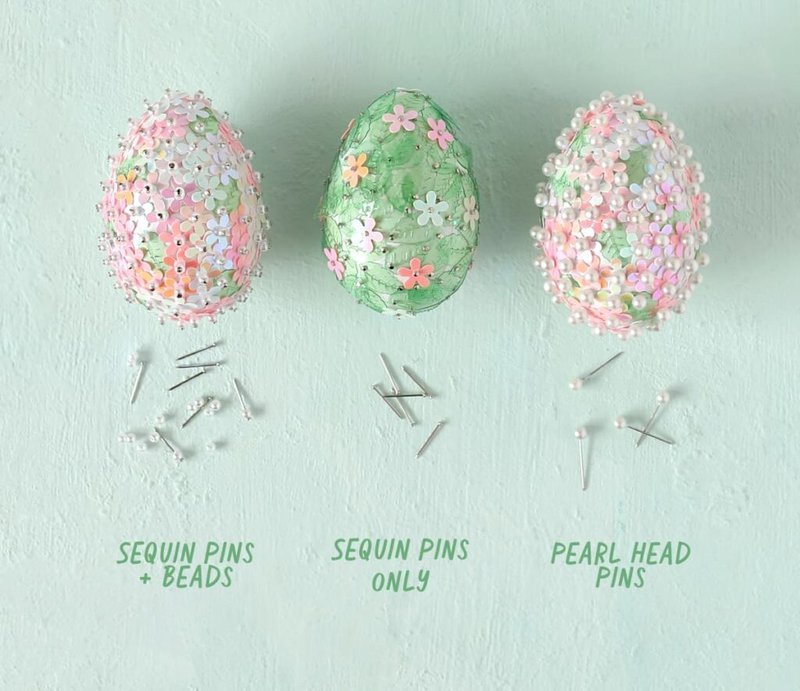 Craft supplies for the sequin Easter egg project laid out on a table