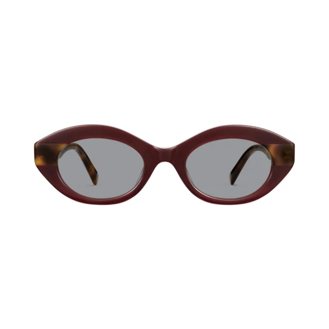 Maroon cat-eye sunglasses with a darker lens