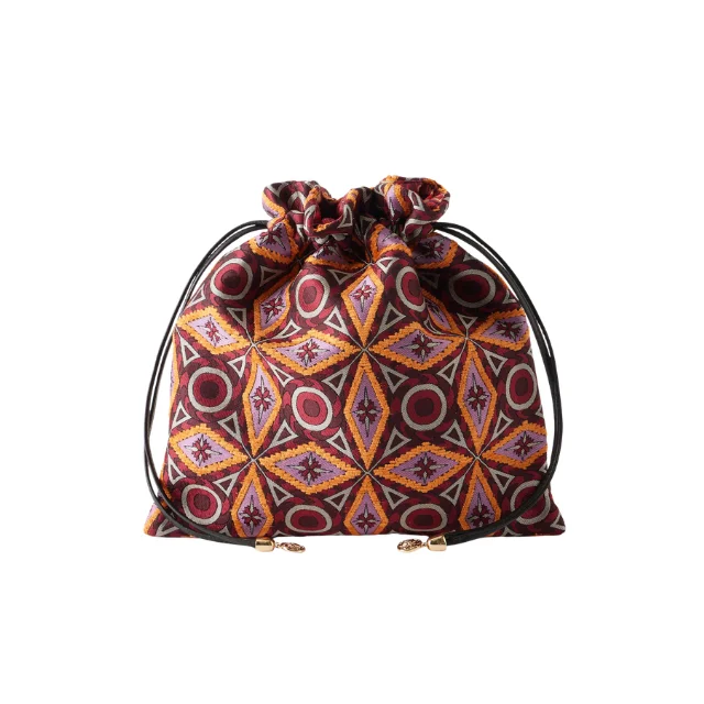 Geometric patterned drawstring pouch with a black cord