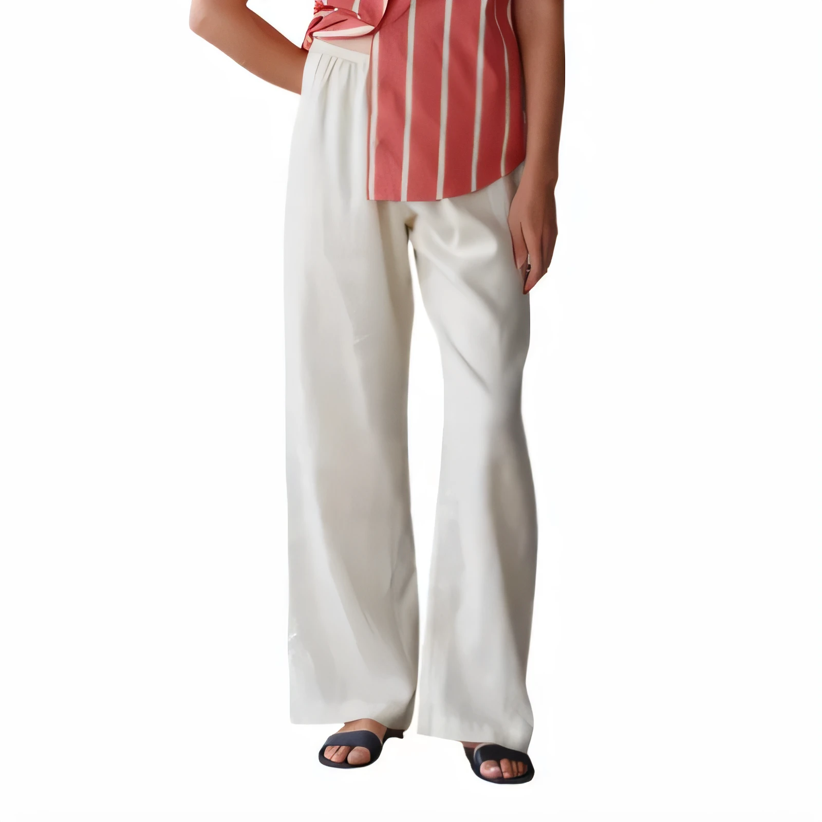 Cream wide-leg linen pants with a red striped top
