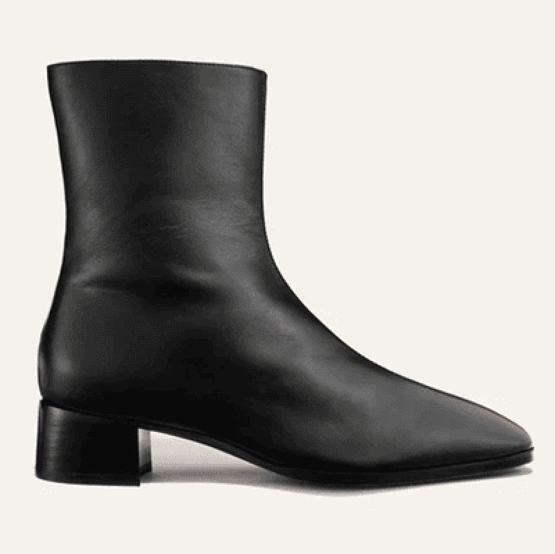 Black leather ankle boot with low block heel